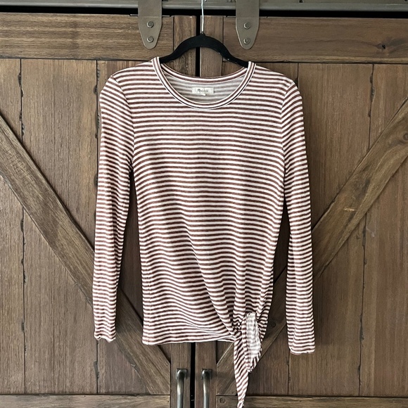 Madewell Soundcheck Side Tie Striped Linen T-Shirt Russet Brown Size Small - Picture 1 of 4